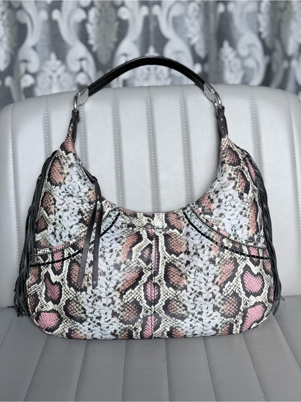 Aimee Kestenberg NWOT Fringe Hobo Snake-Print Western Chic Leather